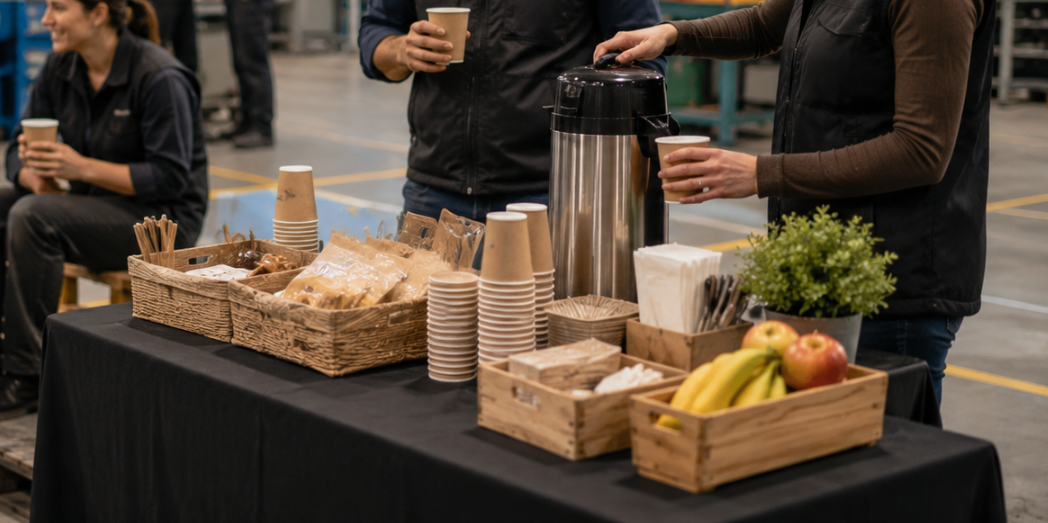 Przerwa kawowa w hali produkcyjnej – jak zorganizować catering bez kuchni i bieżącej wody?